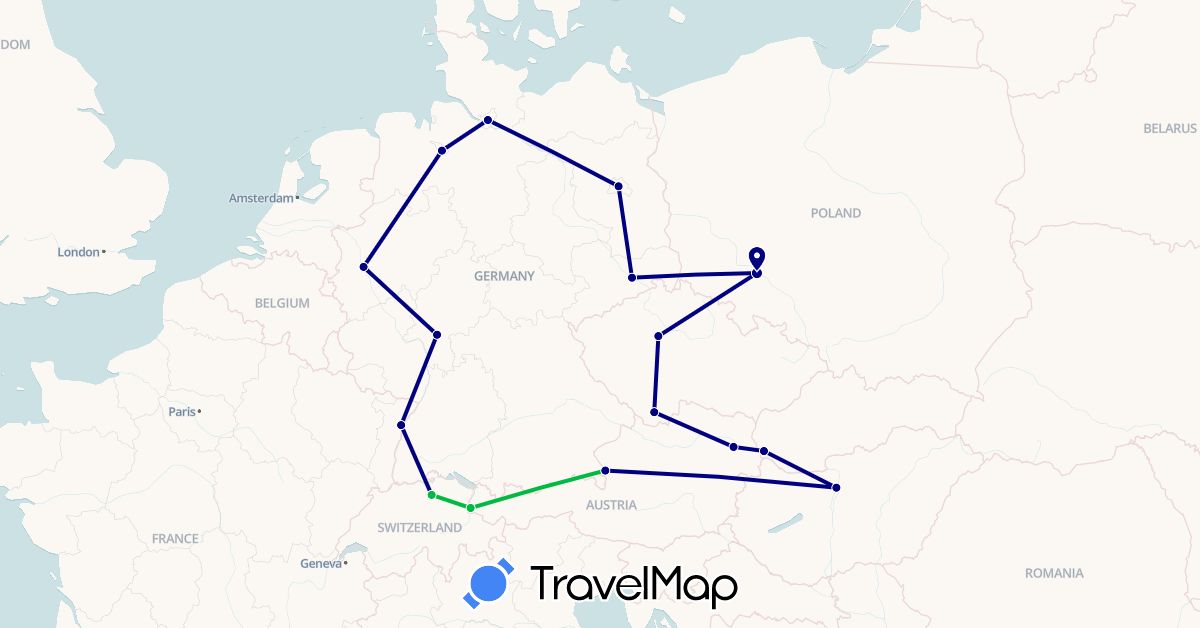 TravelMap itinerary: driving, bus in Austria, Switzerland, Czech Republic, Germany, France, Hungary, Liechtenstein, Poland, Slovakia (Europe)