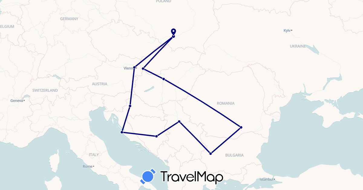 TravelMap itinerary: driving in Austria, Bosnia and Herzegovina, Bulgaria, Croatia, Hungary, Poland, Romania, Serbia, Slovakia (Europe)