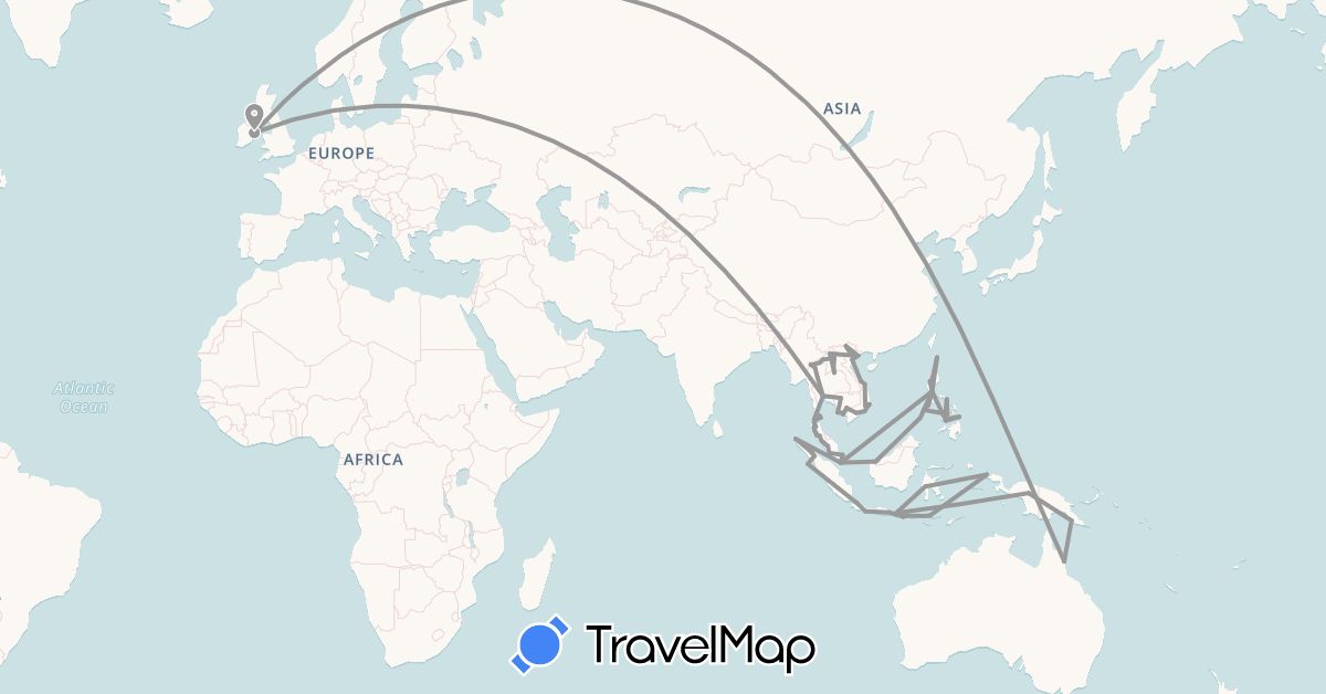 TravelMap itinerary: driving, plane in Australia, Indonesia, Ireland, Cambodia, Laos, Malaysia, Papua New Guinea, Philippines, Singapore, Thailand, Vietnam (Asia, Europe, Oceania)